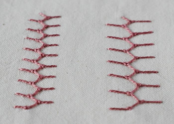 Knotted Cretan Stitch embroidery with dark pink pearl cotton sampler image